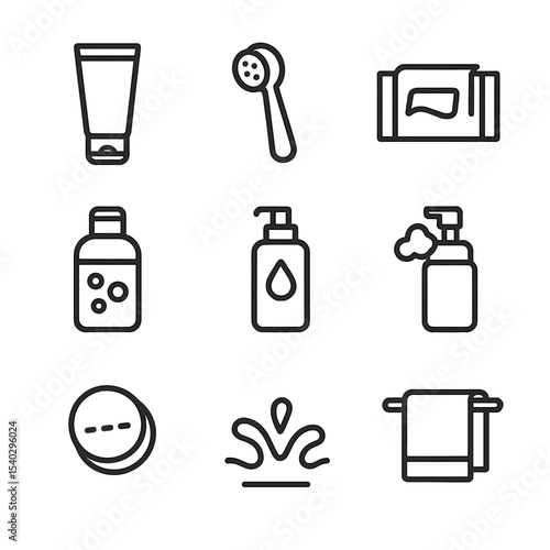 Cleansing Essentials Icons. Outline icon set of cleansing essentials: facial cleanser, cleansing brush, makeup remover wipe,