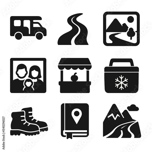 Cross-Country Icon Set. Solid, filled icons set of cross-country adventures: camper van, winding road, car