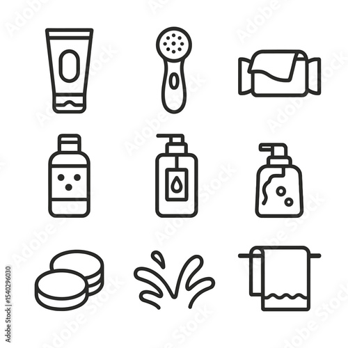 Cleansing Essentials Icons. Outline icon set of cleansing essentials: facial cleanser, cleansing brush, makeup remover wipe,