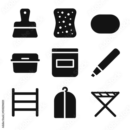 Cleanup Essentials Icons. Solid, Filled icon set of cleanup and storage: wax scraper, sponge, soap bar, storage container, ziplock