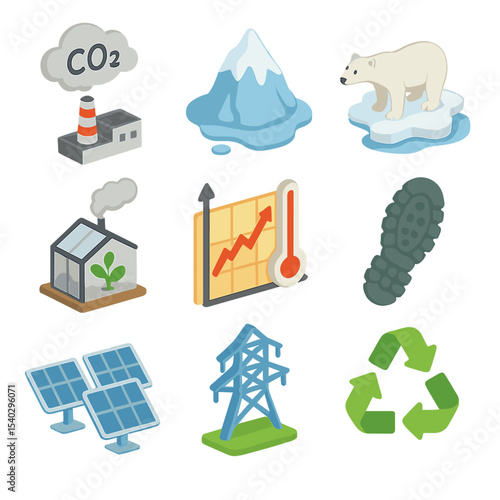 Climate Change Icons. Isometric Flat icon set of climate change & air pollution: factory emitting CO₂ cloud, melting glacier peak,