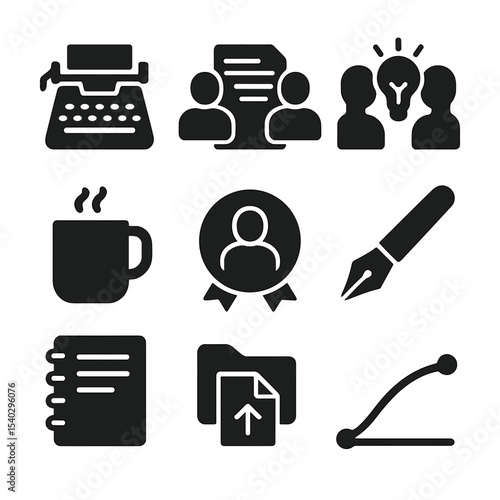 Creative Writing Icons. Solid, filled icons set of co-writing and publishing creatives: typewriter, joint