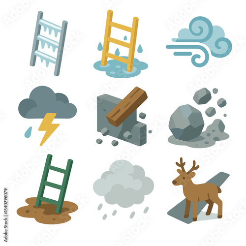 Climbing Safety Icons. Isometric Flat icon set of environmental climbing risks: icy rungs, wet ladder surface, strong wind gust