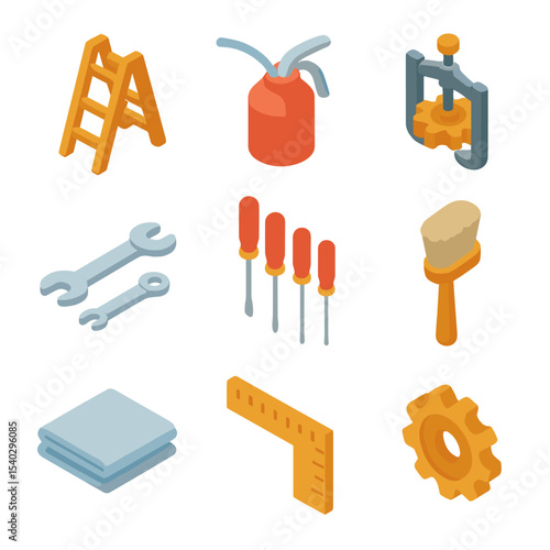 Clock Tower Tools Icons. Isometric Flat icon set of clock tower maintenance tools: maintenance ladder, lubrication oil can, gear