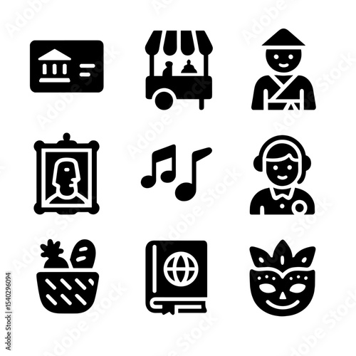 Cultural Exploration Icons. Solid, filled icons set of cultural exploration travel: museum pass, street food,