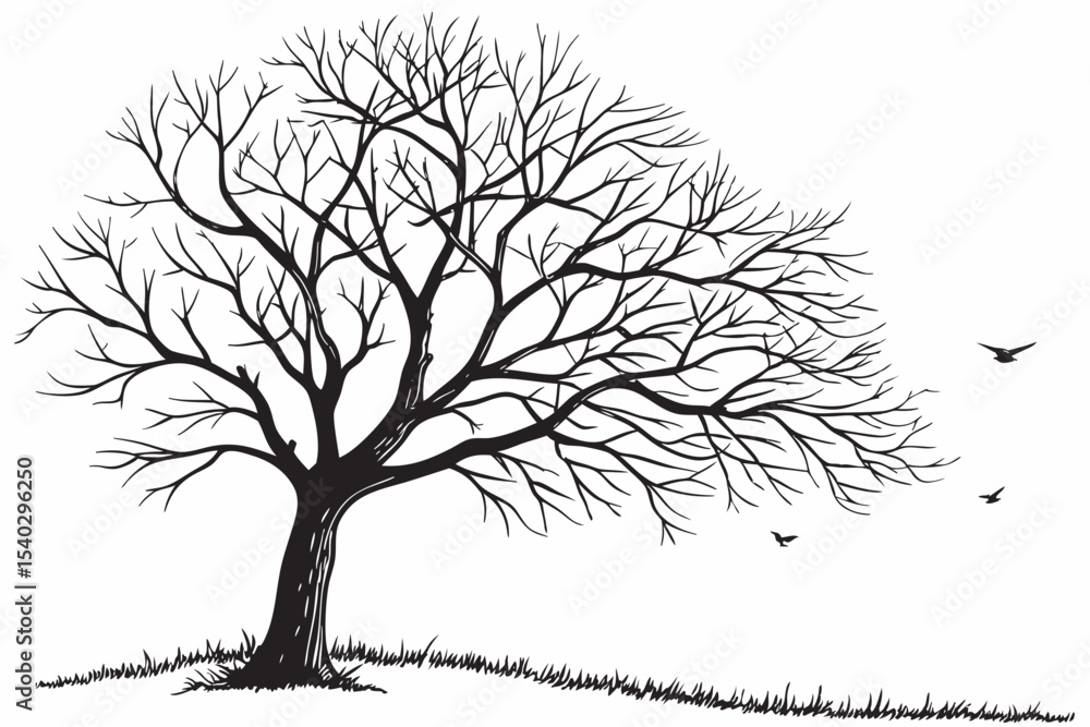 Fototapeta premium Naked Tree silhouette on white backgrounds. Hand drawn isolated illustrations