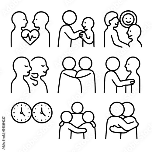 Co-Regulation Techniques Icons. Outline icon set of co-regulation techniques: matching heartbeats, guiding hands, mirror smile,