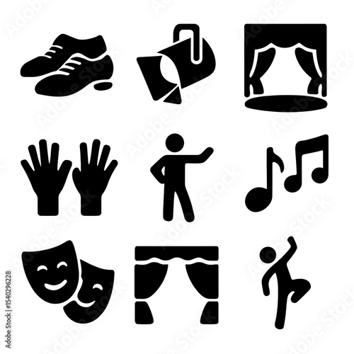 Dance Iconography. Solid, filled icons set of dance in musicals and theater performances: tap shoes, spotlight
