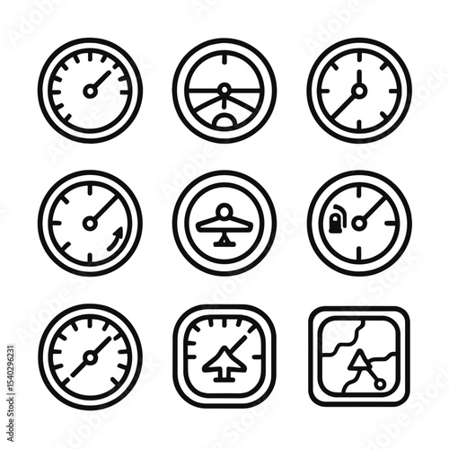 Cockpit Instrument Icons. Outline icon set of cockpit instruments: altimeter, airspeed indicator, attitude indicator, heading