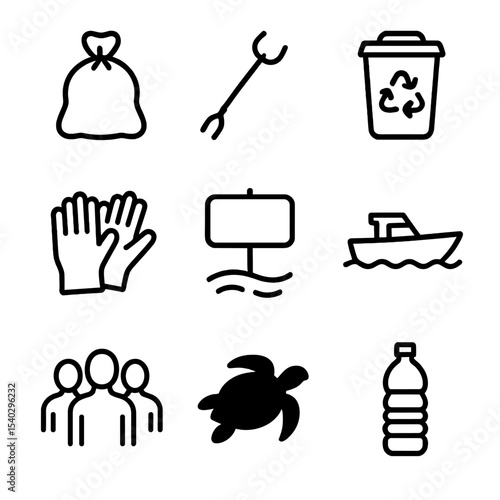 Coastal Cleanup Icons. Outline icon set of coastal cleanup: trash bag, litter picker, recycling bin, gloves, beach sign, boat,