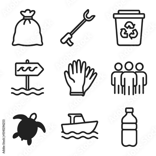 Coastal Cleanup Icons. Outline icon set of coastal cleanup: trash bag, litter picker, recycling bin, gloves, beach sign, boat,