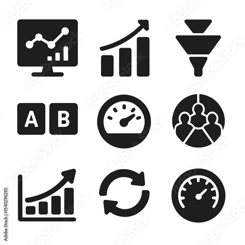 Data-Driven Marketing Icons. Solid, filled icons set of data-driven marketing and performance optimization: