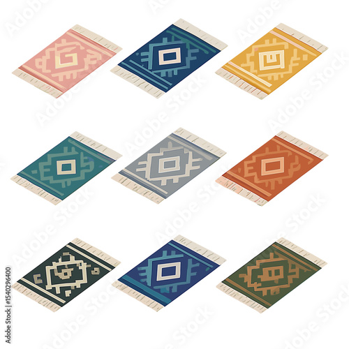 Colorful Rug Swatches Grid. Isometric Flat icon set of geometric rug color palettes: pastel pink swatch, navy blue swatch, mustard