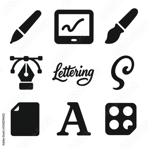 Digital Calligraphy Icons. Solid, filled icons set of digital calligraphy design: stylus pen, tablet icon,