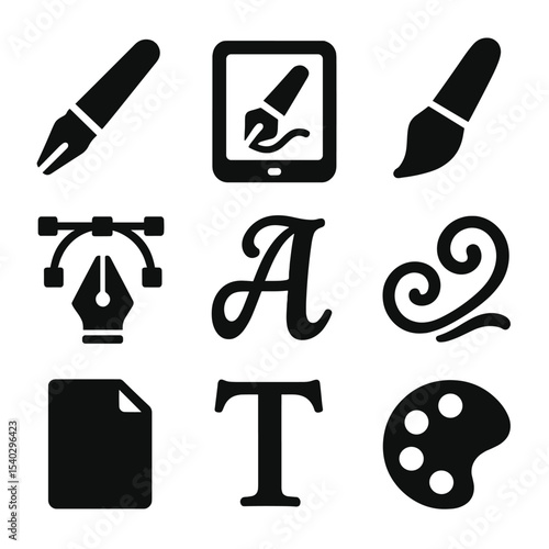 Digital Calligraphy Icons. Solid, filled icons set of digital calligraphy design: stylus pen, tablet icon,