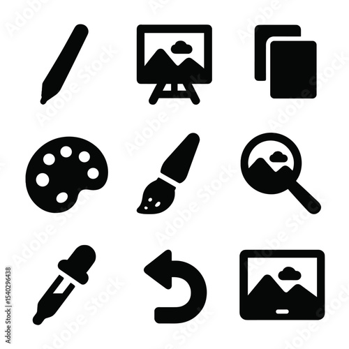 Digital Art Icons. Solid, filled icons set of digital painting with traditional influence: stylus pen, digital