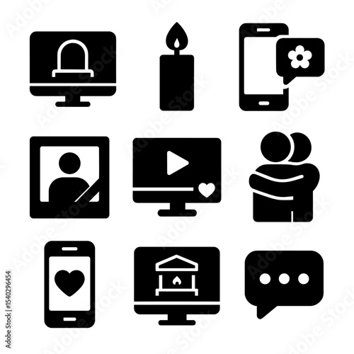 Digital Grief Icons. Solid, filled icons set of grief in digital spaces: online memorial, candle emoji,