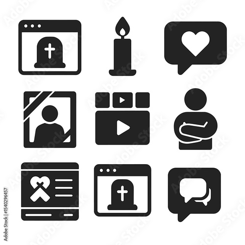 Digital Grief Icons. Solid, filled icons set of grief in digital spaces: online memorial, candle emoji,