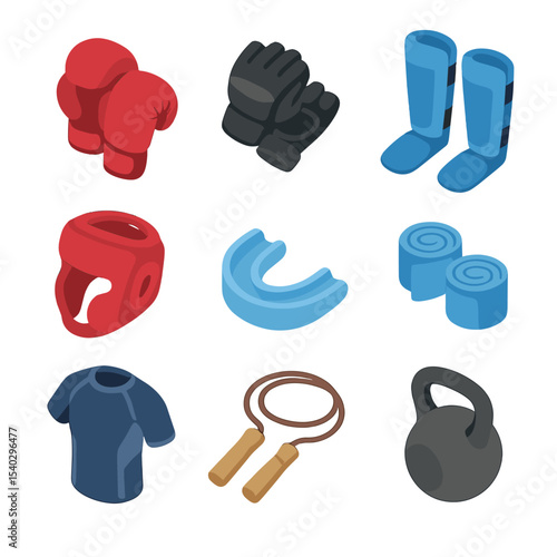 Combat Sports Gear. Isometric Flat icon set of combat sports equipment: boxing gloves, MMA gloves, shin guards, headgear,