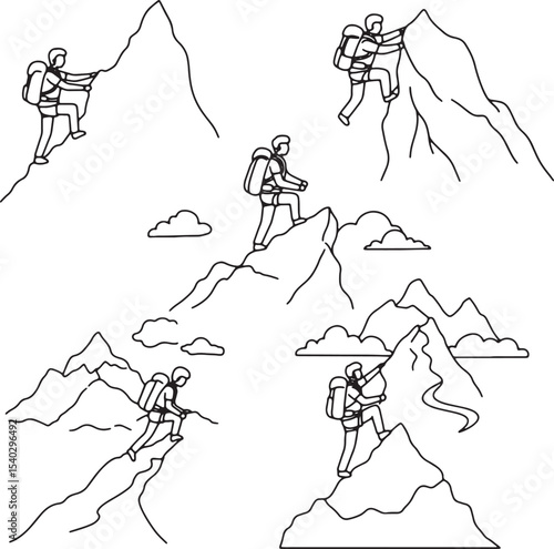 Conquering Peaks Line Art Illustrations of Mountain Climbers Ascending Majestic Mountains