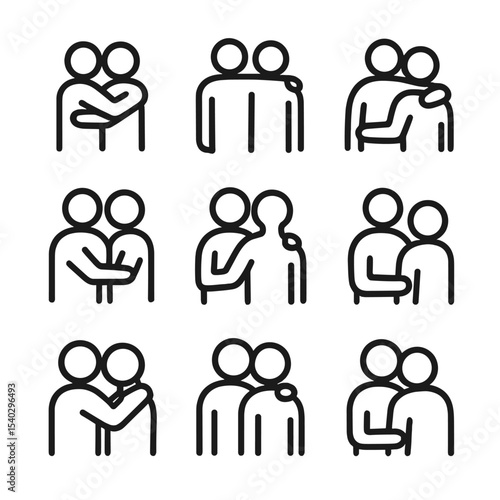 Comforting Embrace Icons. Outline icon set of comforting embrace gestures: two figures hugging, arms around, side hug, back pat,