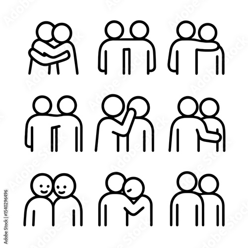 Comforting Embrace Icons. Outline icon set of comforting embrace gestures: two figures hugging, arms around, side hug, back pat,