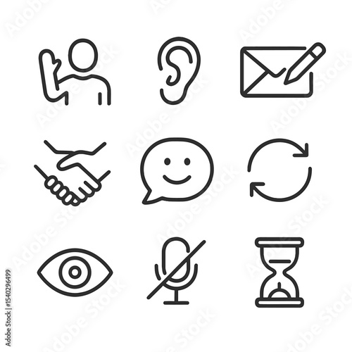 Communication Etiquette Icons. Outline icon set of communication etiquette: polite greeting, active listening ears, email