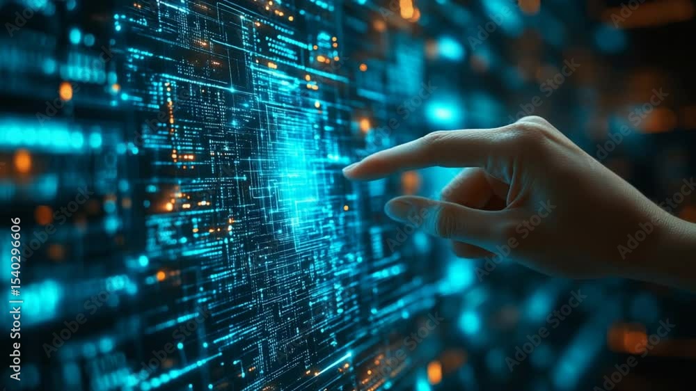 Hand Interacting with Digital Data Hologram. Stock Video | Adobe Stock