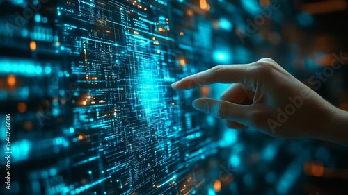 Hand Interacting with Digital Data Hologram.