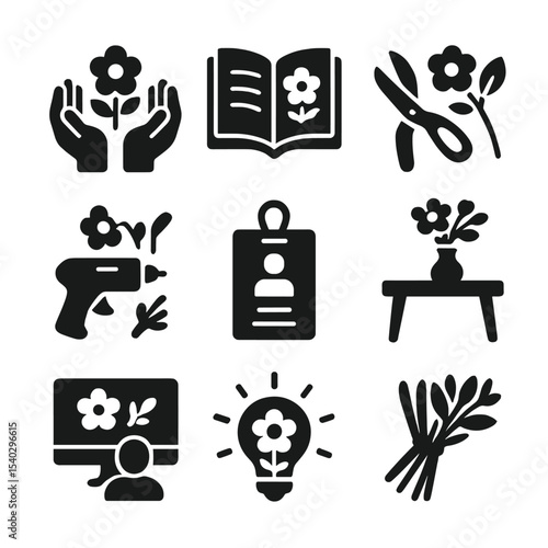 DIY Floral Workshop Icons. Solid, filled icons set of DIY floral workshops: hands-on activity, floral