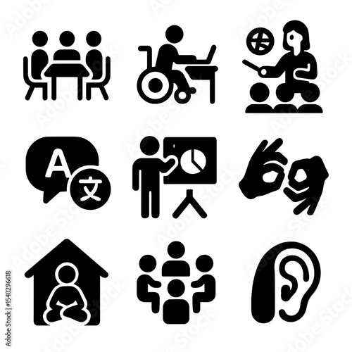 Diverse Learning Icons. Solid, filled icons set of diverse learning environments: group desk, assistive tech,