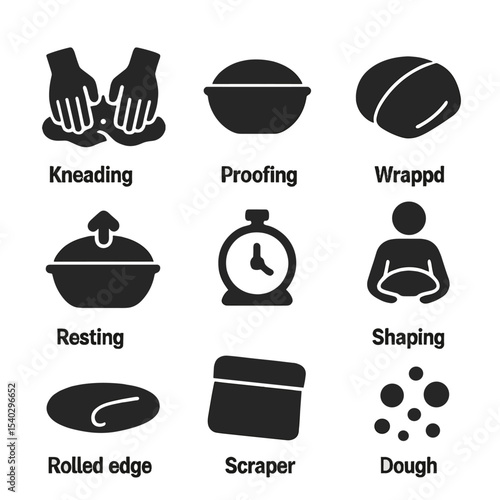 Dough Preparation Icons. Solid, filled icons set of dough preparation stages: kneading hands, proofing bowl,