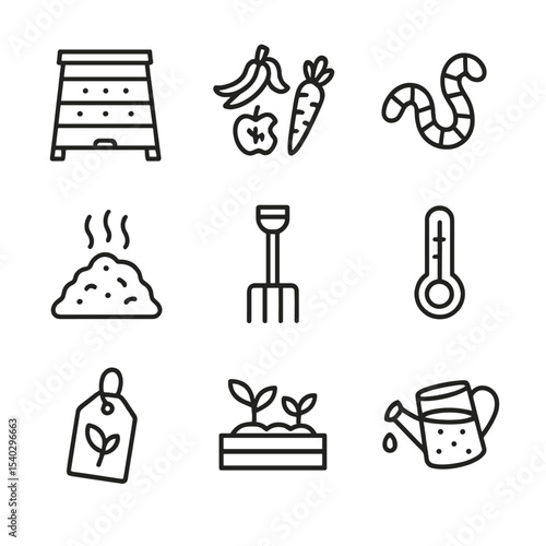 Composting Icon Set. Outline icon set of composting techniques: compost bin, kitchen scraps, worm, aerobic pile, turning fork,