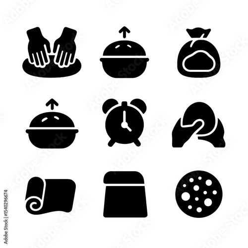 Dough Preparation Icons. Solid, filled icons set of dough preparation stages: kneading hands, proofing bowl,