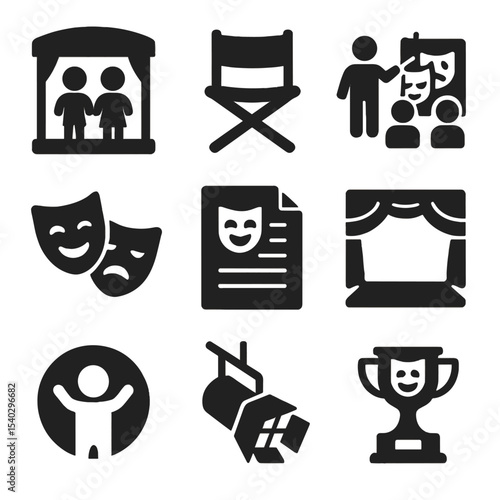 Drama Club Icons. Solid, filled icons set of drama club for kids: kids’ stage, director’s chair, acting class,