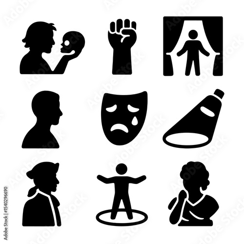 Dramatic Icon Set. Solid, filled icons set of iconic monologues and legendary performances: Hamlet skull,