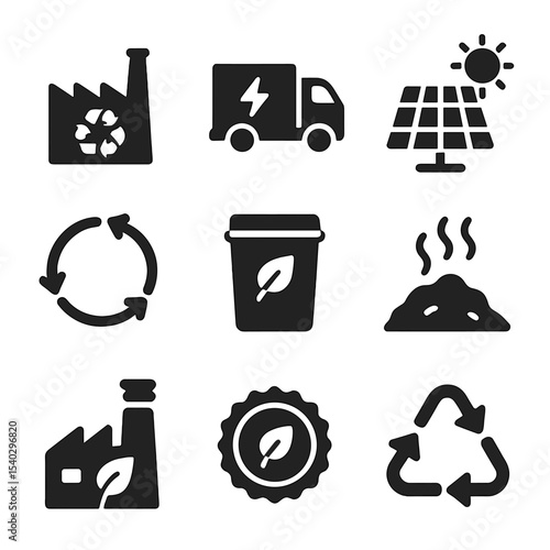 Eco Innovation Icons. Solid, filled icons set of clean disposal innovation: recycling plant, electric truck,
