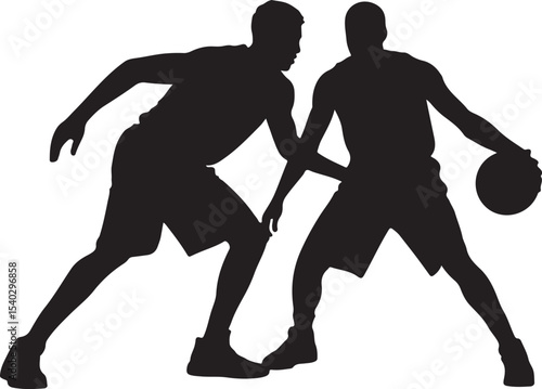 Black Vector Silhouette of Two Basketball Players in One-on-One Play — Defender Guarding Opponent Dribbling — Bold Sports Design on White Background