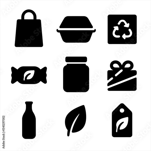 Eco-Friendly Packaging Icons. Solid, filled icons set of eco-friendly packaging: paper bag, biodegradable box,