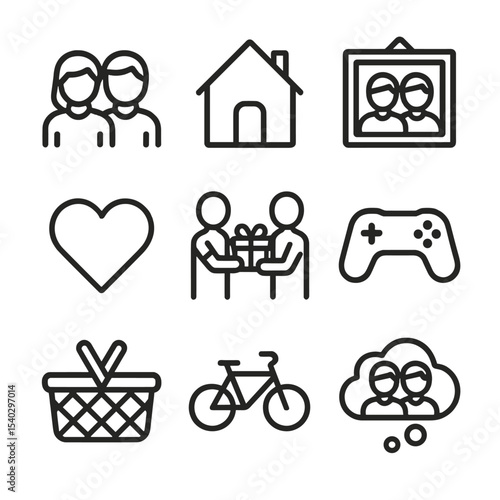 Cousins' Icon Set. Outline icon set of cousins as close friends portraits: cousin silhouettes, family house icon, photo frame,