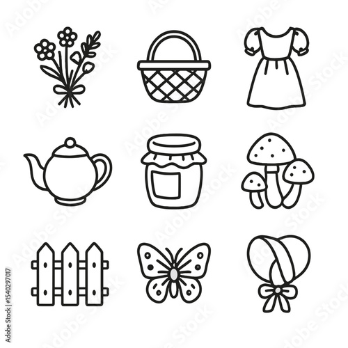 Cottagecore Icon Set. Outline icon set of cottagecore aesthetic: wildflower bouquet, woven basket, linen dress, porcelain teapot,
