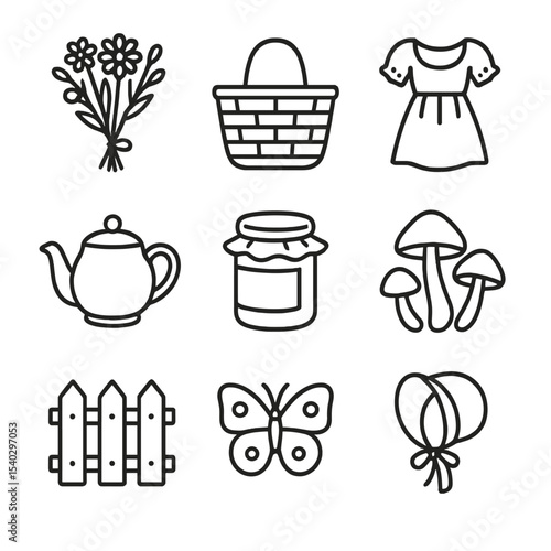 Cottagecore Icon Set. Outline icon set of cottagecore aesthetic: wildflower bouquet, woven basket, linen dress, porcelain teapot,