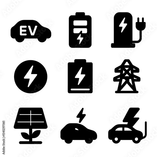Electric Charging Icons. Solid, filled icons set of electric vehicle charging: EV icon, battery pack, charging