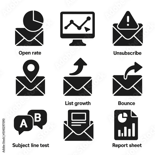 Email Marketing Icons. Solid, filled icons set of email marketing analytics: open rate icon, click-through