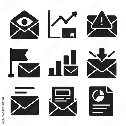 Email Marketing Icons. Solid, filled icons set of email marketing analytics: open rate icon, click-through