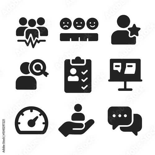 Employee Engagement Icons. Solid, filled icons set of employee engagement and coaching: team pulse, mood scale