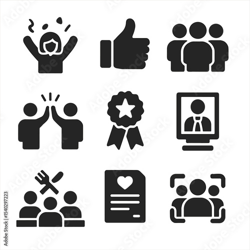 Employee Engagement Icons. Solid, filled icons set of employee engagement: celebration icon, thumbs up, team