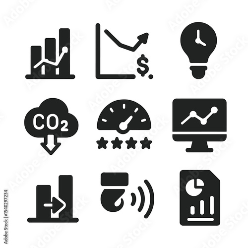 Energy Analytics Icons. Solid, filled icons set of lighting and energy analytics: usage chart, savings graph,