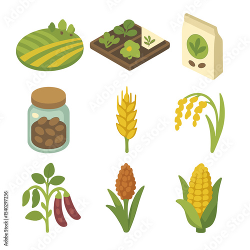 Crop Diversification Icons. Isometric Flat icon set of crop diversification and resilient varieties: polyculture field,
