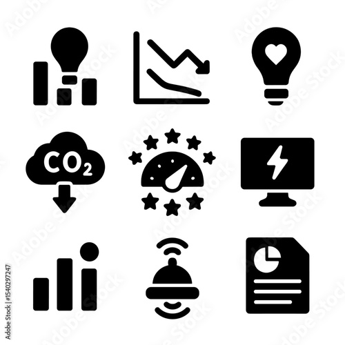 Energy Analytics Icons. Solid, filled icons set of lighting and energy analytics: usage chart, savings graph,